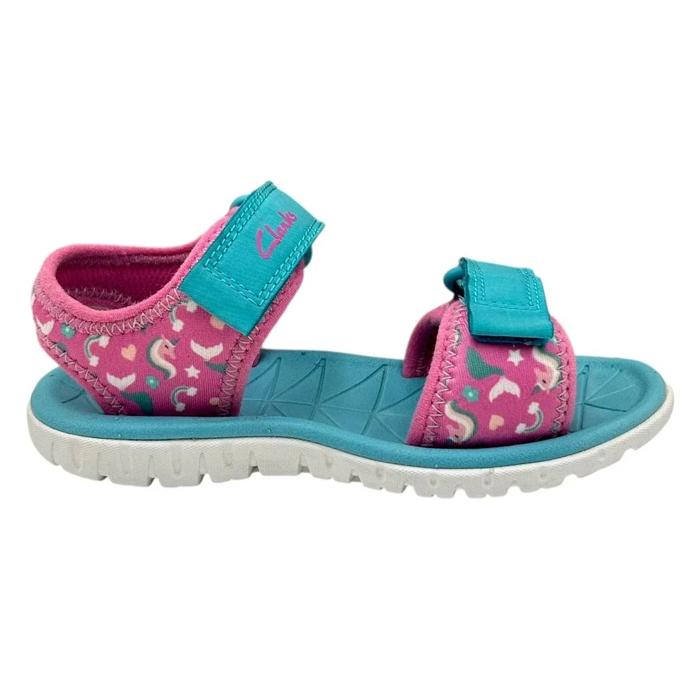 Clarks‎ Toddler Girls Open Toe Adjustable Sandals Sz 10 Wide Pink-Aqua Unicorn